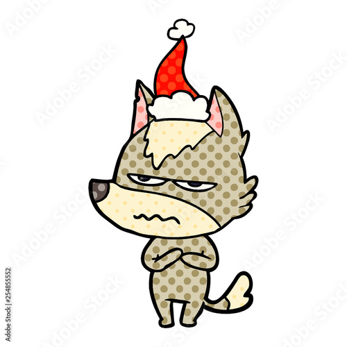 comic book style illustration of a annoyed wolf wearing santa hat