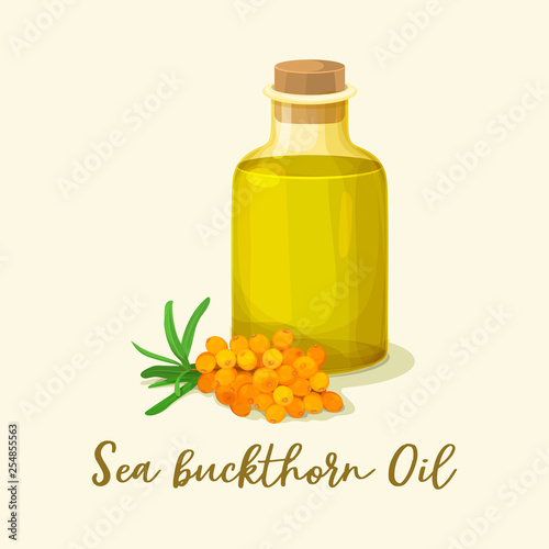 Sea buckthorn oil in glassware bottle near berries