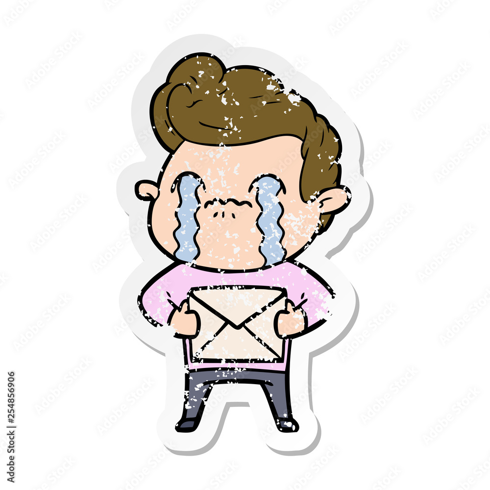 distressed sticker of a cartoon man crying