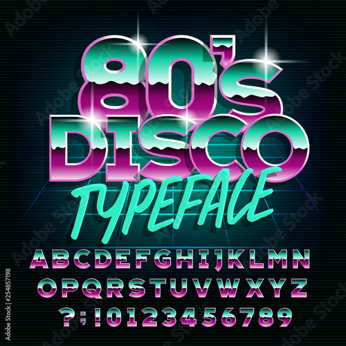 80’s Disco typeface. Letters and numbers. Stock vector alphabet font for your design in retro 80s style.