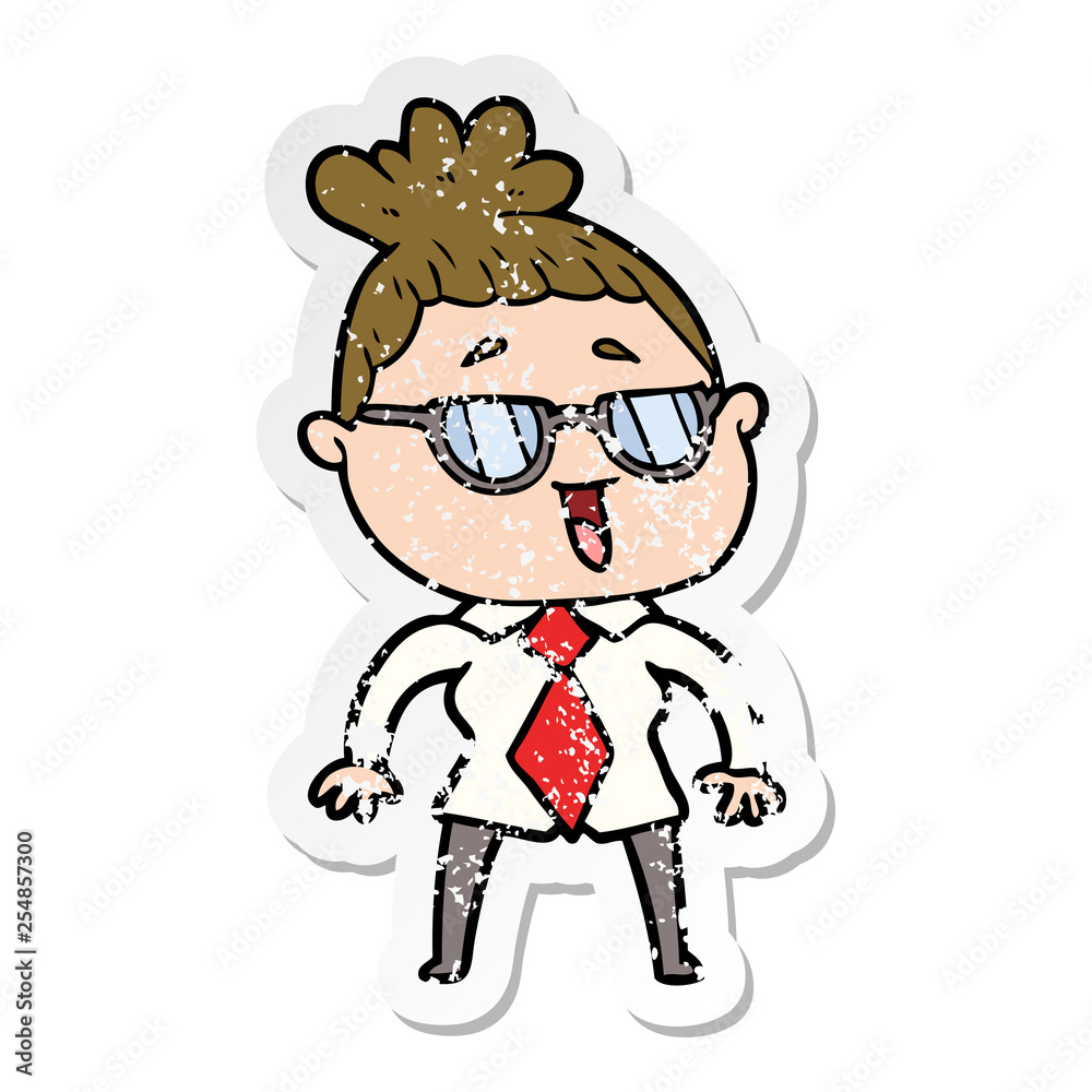 distressed sticker of a cartoon happy woman wearing spectacles distressed sticker of a cartoon happy woman wearing spectacles