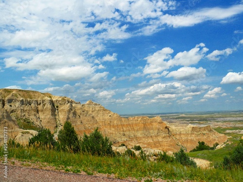 Medium wide view of buttes and canyons at the Badlands National Park in South Dakota.