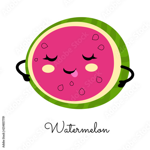 A slice of watermelon with happy face. Cartoon character. Kawaii food. Vector illustaration for posters, cards,.invitations, flyers, ect.
