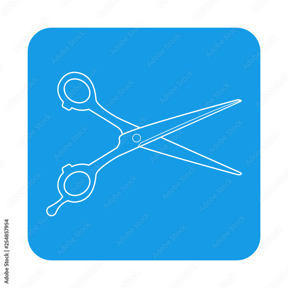 Icono plano lineal tijera de peluquero en cuadrado color azul