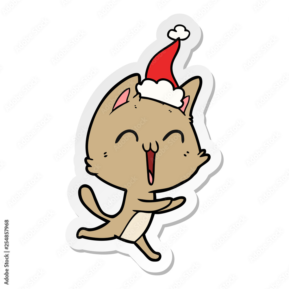 happy sticker cartoon of a cat meowing wearing santa hat