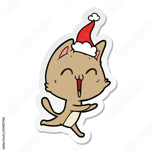 happy sticker cartoon of a cat meowing wearing santa hat