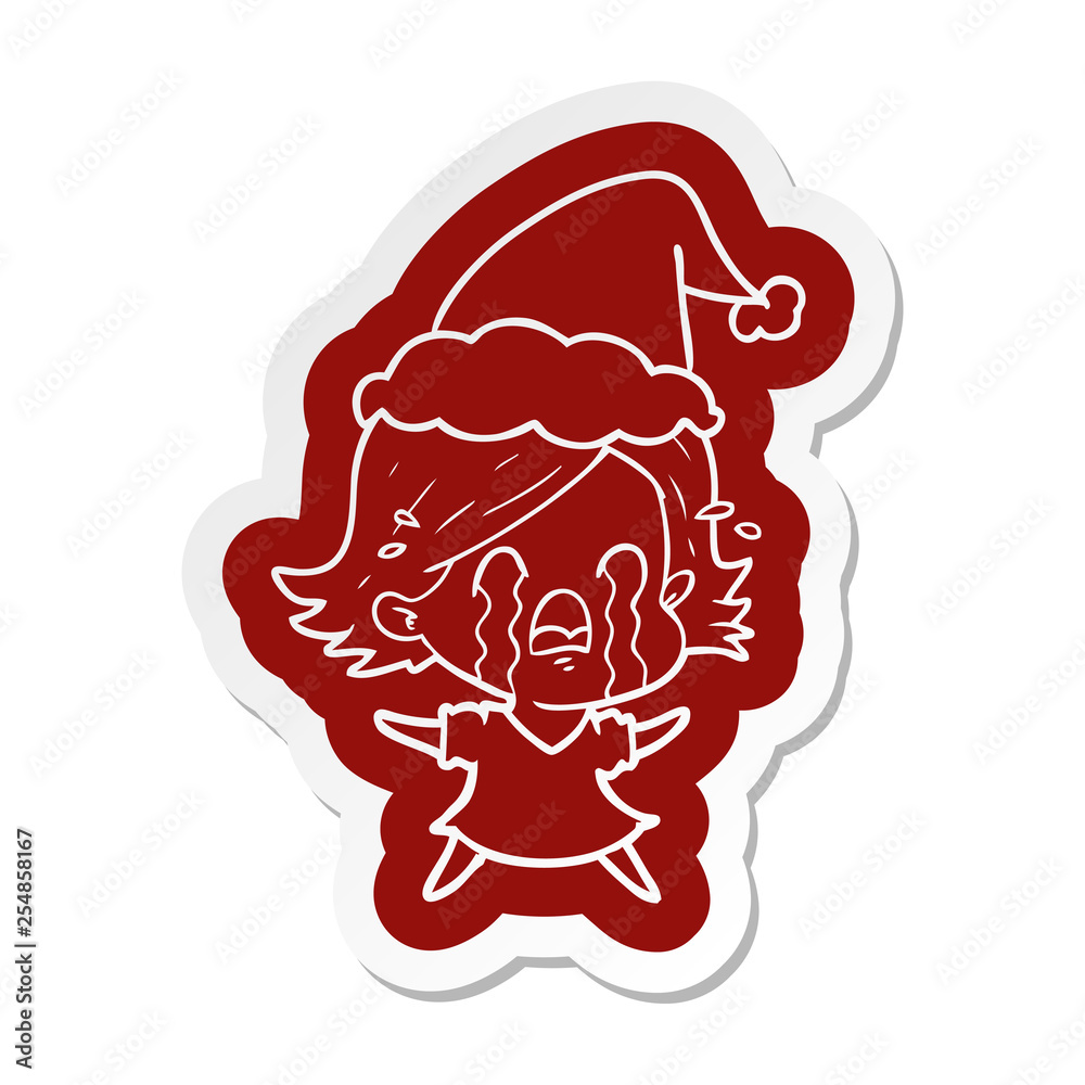 cartoon sticker of a woman crying wearing santa hat cartoon sticker of a woman crying wearing santa hat