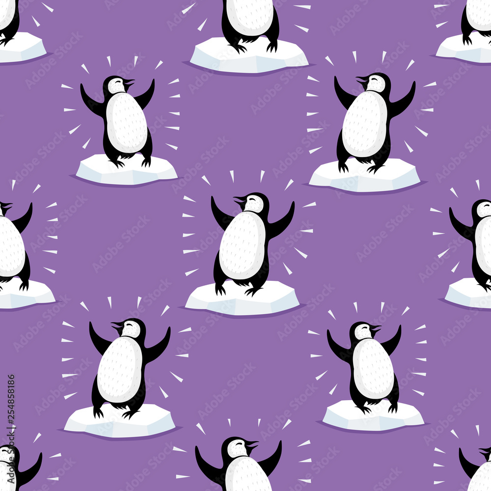 Naklejka premium Purple seamless pattern with cute penguins for seamless background.