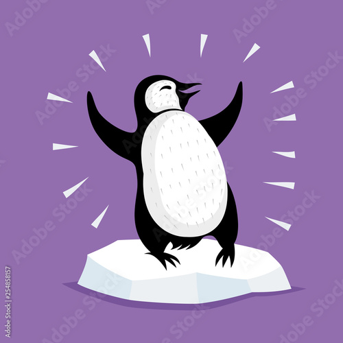Cute penguin on an ice floe on a purple background.