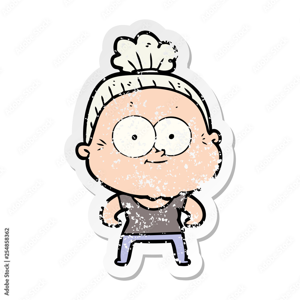 distressed sticker of a cartoon happy old woman distressed sticker of a cartoon happy old woman