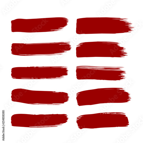 Red Brush strokes. Vector paintbrush set. Round grunge design elements. Long text boxes. Dirty distress texture banners. Ink splatters. Grungy painted objects.