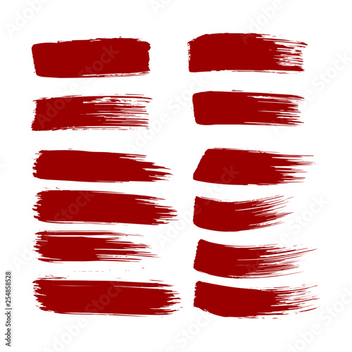 Red Brush strokes. Vector paintbrush set. Round grunge design elements. Long text boxes. Dirty distress texture banners. Ink splatters. Grungy painted objects.