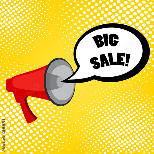 Megaphone and speech bubble with text - Big sale, simple flat vector illustration.