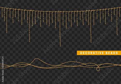 String beads realistic isolated. Decorative design element golden bead.