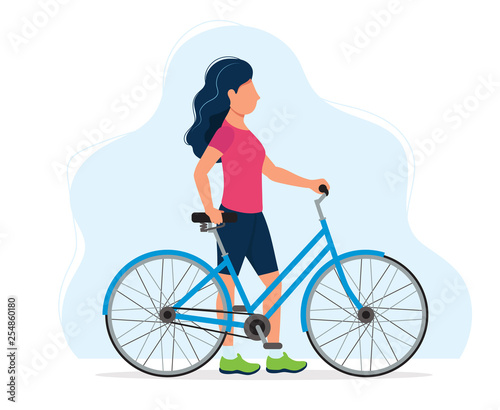 Fototapeta Naklejka Na Ścianę i Meble -  Woman with a bicycle, concept illustration for healthy lifestyle, sport, cycling, outdoor activities. Vector illustration in flat style
