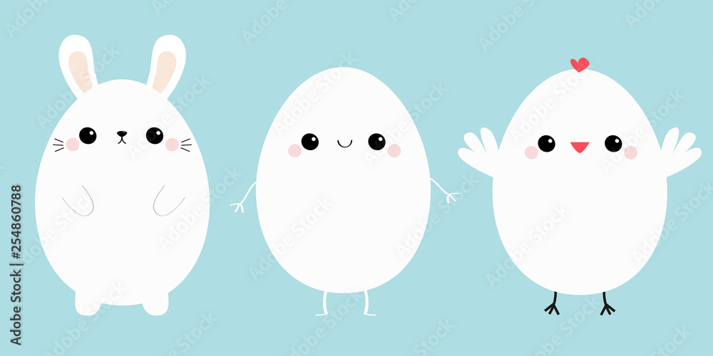 Happy Easter chicken bird, bunny head face, egg set line. White rabbit baby chick. Cute cartoon kawaii funny character. Friends forever. Farm animal. Blue pastel background. Flat design