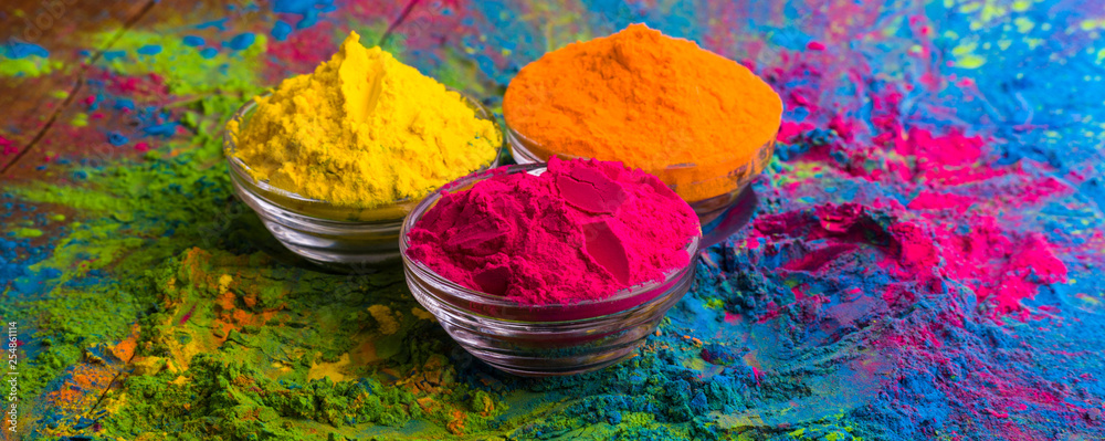 Holi color powder. Organic Gulal colours in bowl for Holi festival, Hindu  tradition festive. Bright vibrant pigment closeup Stock Photo by  ©gilmanshin 250440020