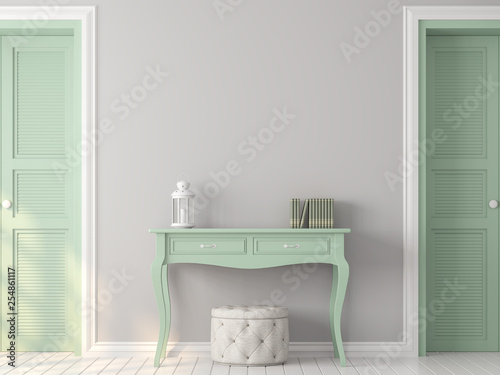 Fototapeta Naklejka Na Ścianę i Meble -  Vintage room with pastel color 3d render,There are white wood floor,gray paint wall,Decorate with light green table,sunlight shining into the room.