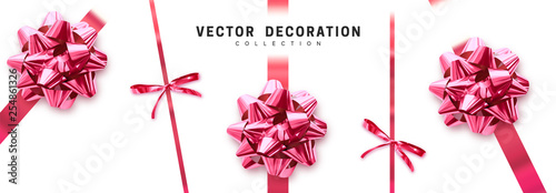 Bows pink realistic design. Decorative gift bows with ribbons isolated on white background