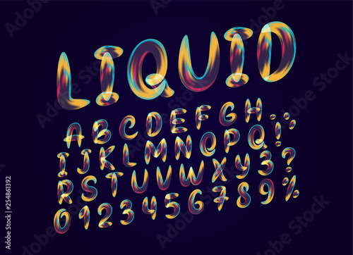 Fluid colored letter. Alphabet font of melting liquid. Design 3d sign isolated on black background.