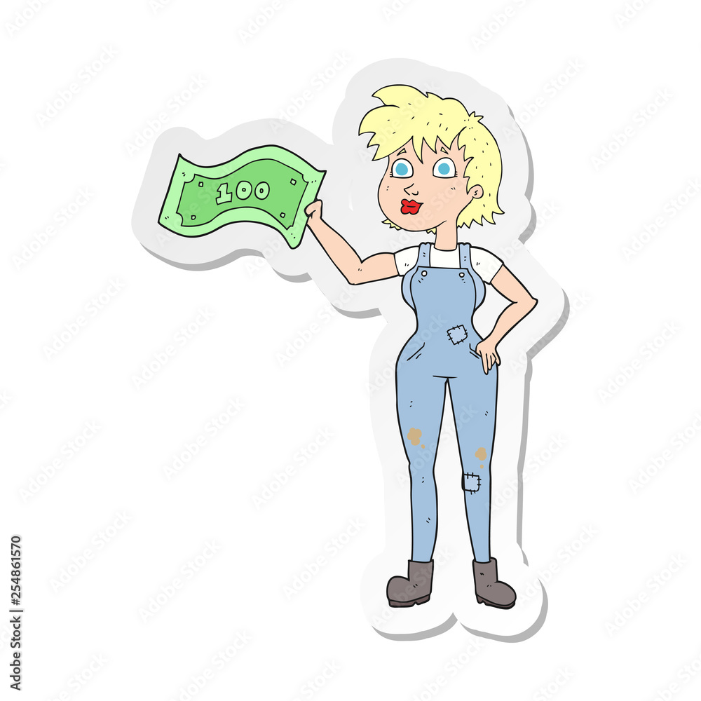 sticker of a cartoon confident farmer woman with money sticker of a cartoon confident farmer woman with money