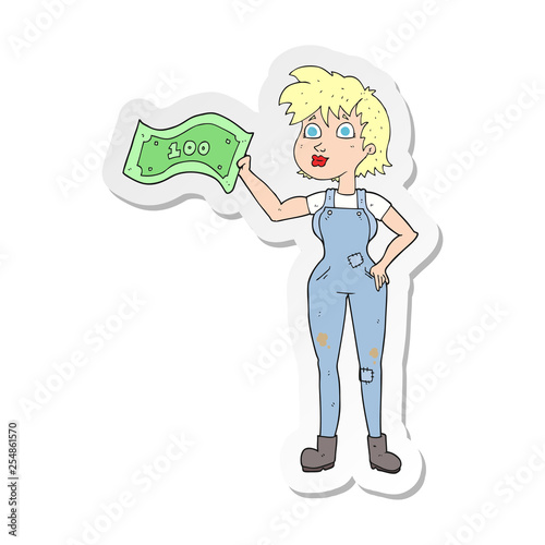 sticker of a cartoon confident farmer woman with money