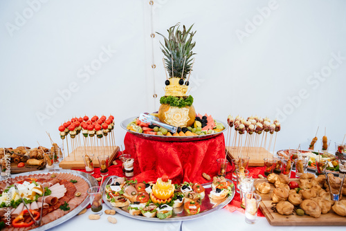 Beautifully decorated catering banquet table set