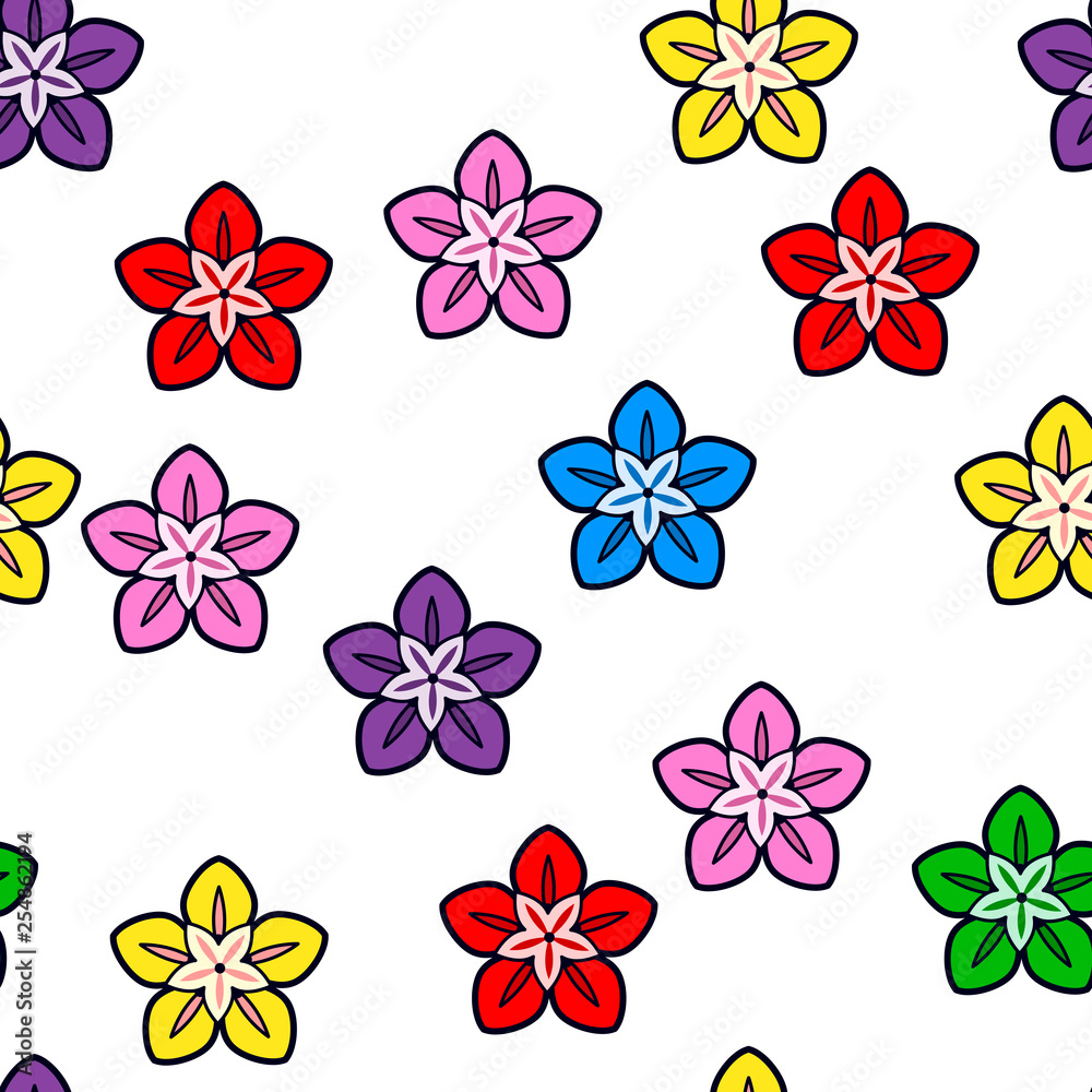 Fototapeta premium Colorful flower seamless pattern on white background. Paper print design. Abstract retro vector illustration. Trendy textile, fabric, wrapping. Modern space decoration.