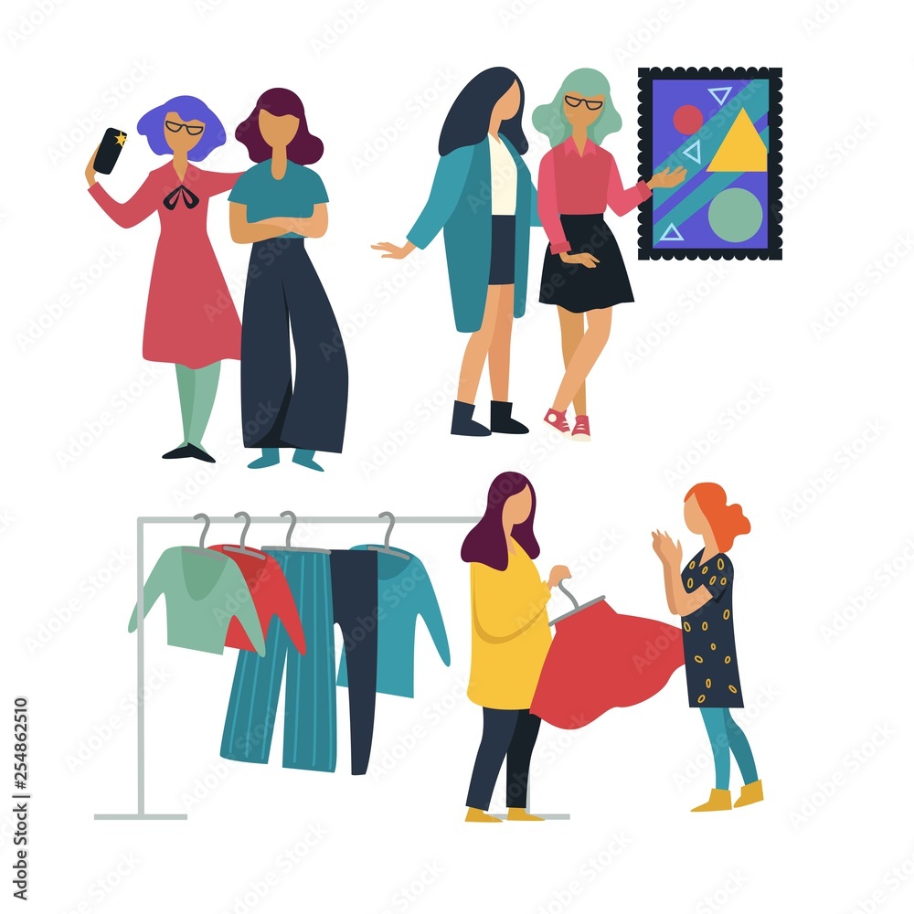 Girlfriends pastime together art gallery and shopping taking selfie Girlfriends pastime together art gallery and shopping taking selfie