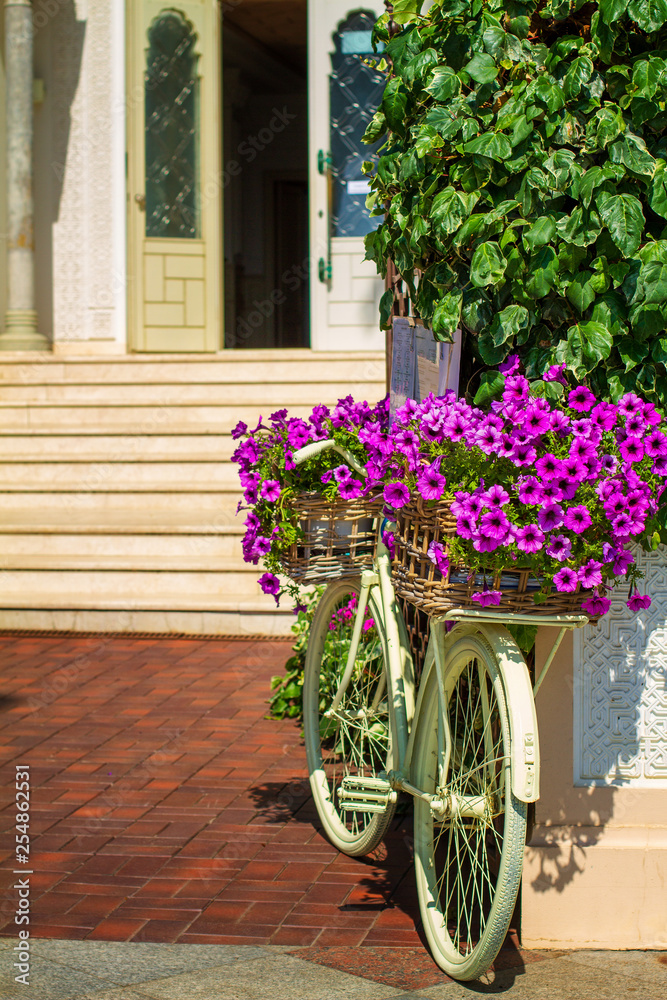 decorative bike with flowers standing in front of the building