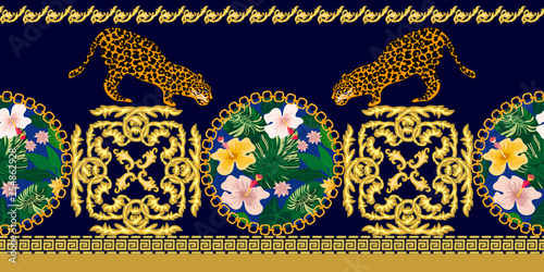 Baroque border with leopards and jewelry elements. 