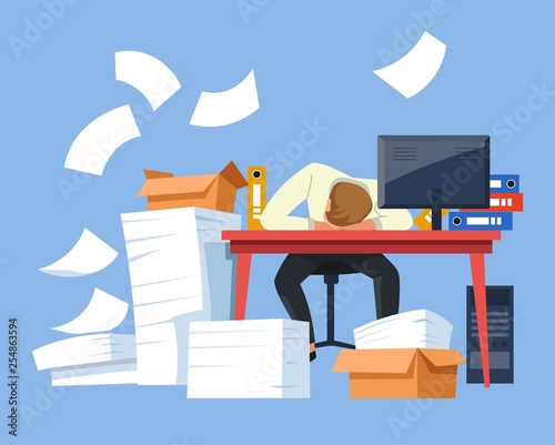 Tired businessman paper work office desk piles of documents