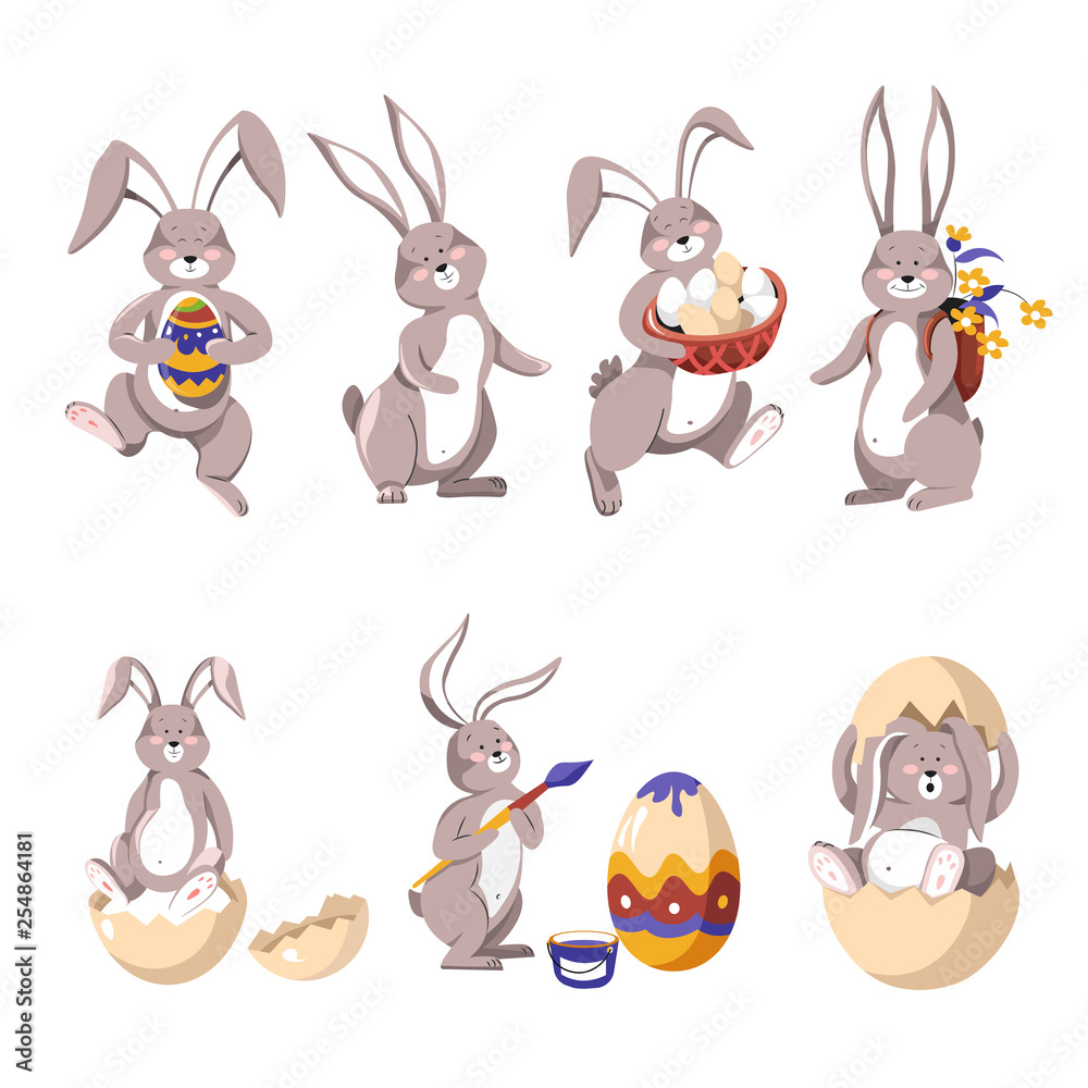 Fototapeta premium Easter rabbit with painted eggs and flowers holiday bunny