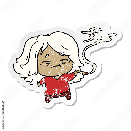 distressed sticker cartoon of cute kawaii old woman
