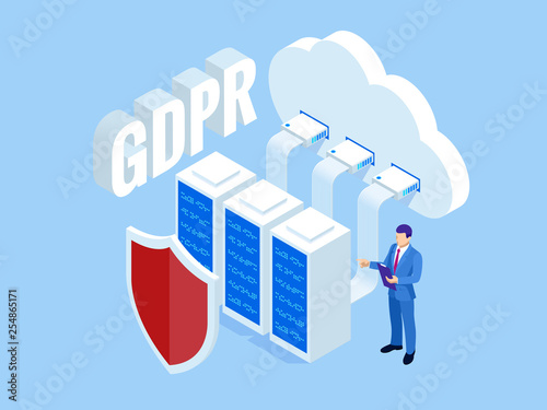 Isometric safety business. General data protection regulation GDPR concept. Idea of data protection. Online safety and privacy. Protection software, finance security