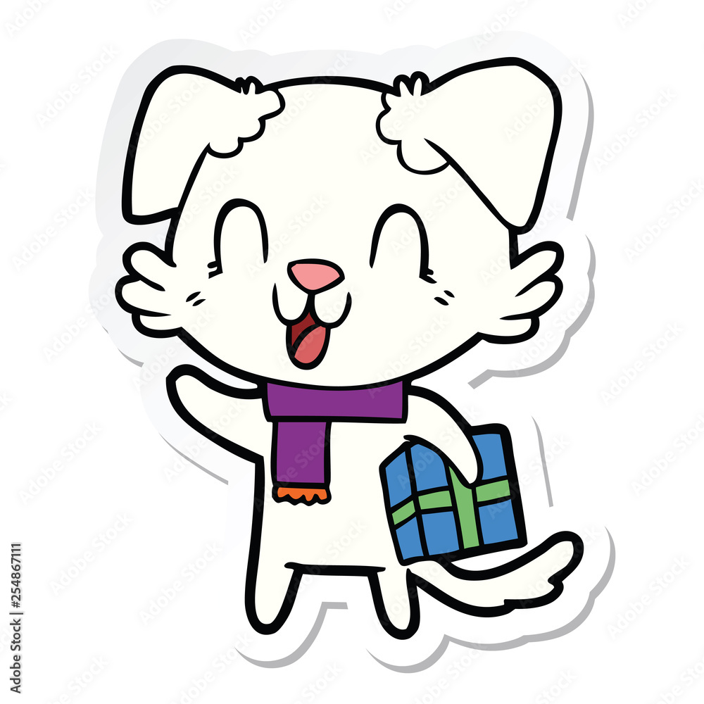 sticker of a laughing cartoon dog with christmas present