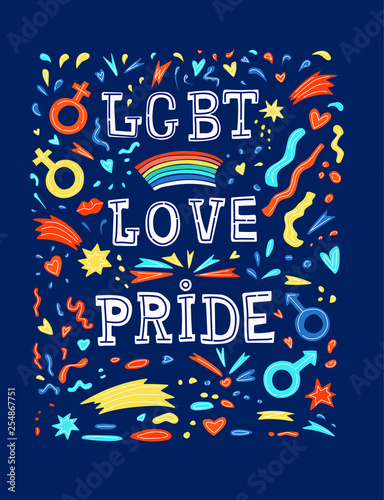 Conceptual colorful poster. Lgbt slogan with text love, lgbt, pride in flat style.  Vector typographic illustration for gay community support with handwritten word on dark background. Banner. Print.  