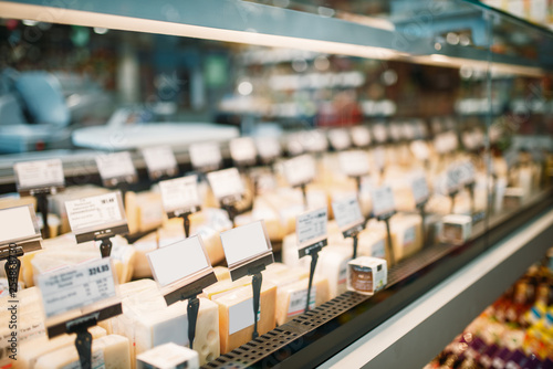 Shelf with cheese in food store, nobody