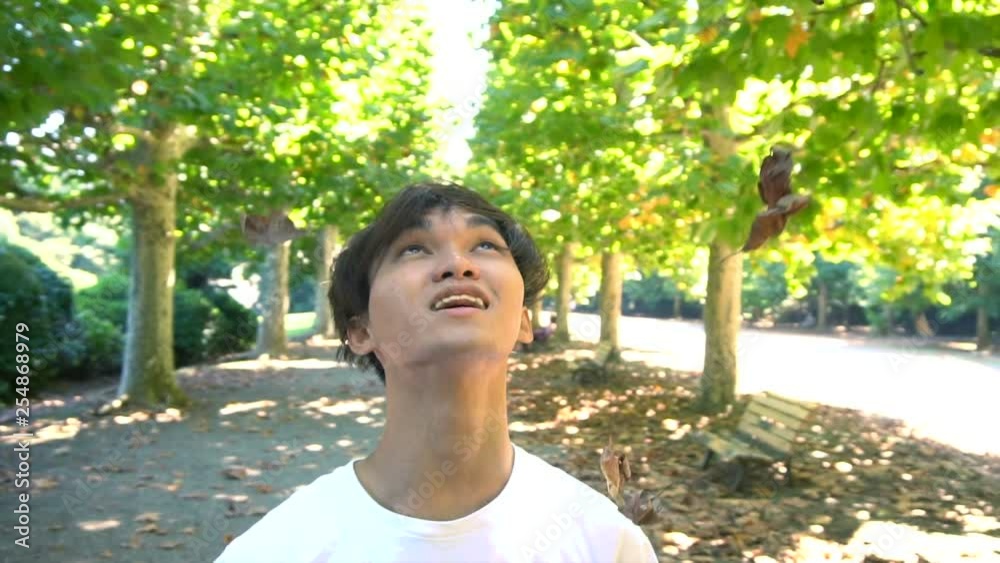 Moving Gimbal Shot - Happy and Smiling Young Asian Man Throwing Leaves in Park Moving Gimbal Shot - Happy and Smiling Young Asian Man Throwing Leaves in Park