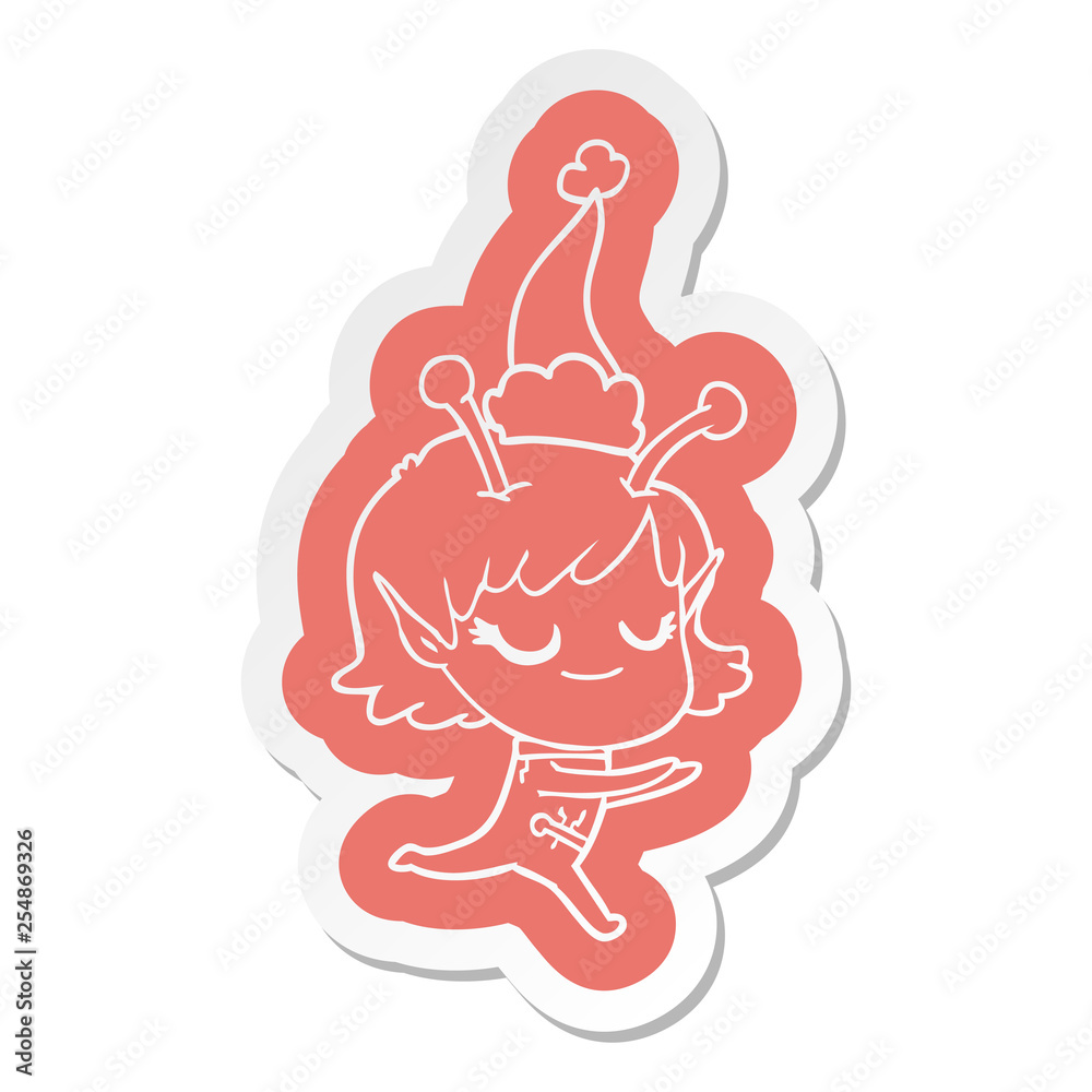 smiling alien girl cartoon sticker of a running wearing santa hat smiling alien girl cartoon sticker of a running wearing santa hat