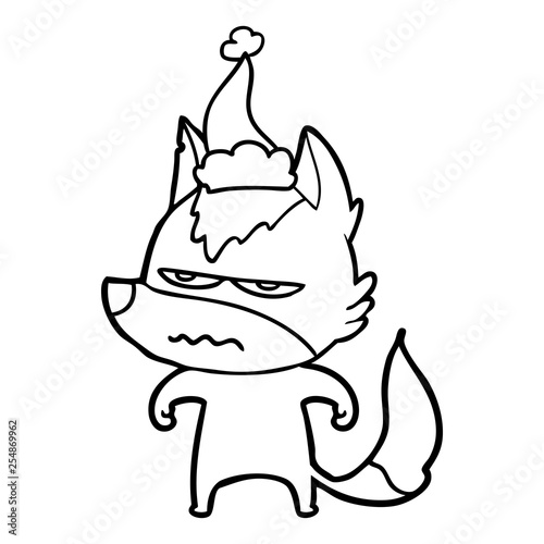 line drawing of a annoyed wolf wearing santa hat