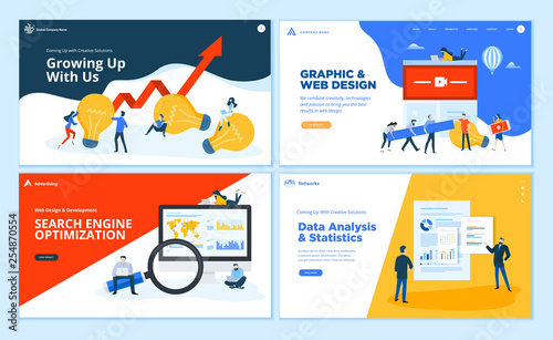 Set of flat design web page templates of creative solution, graphic and web design, SEO, data analysis. Modern vector illustration concepts for website and mobile website development. 