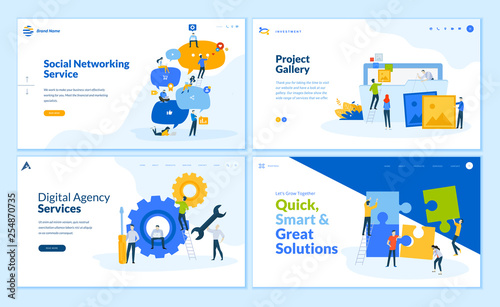 Set of flat design web page templates of social networking, business solutions, seo, project gallery . Modern vector illustration concepts for website and mobile website development. 