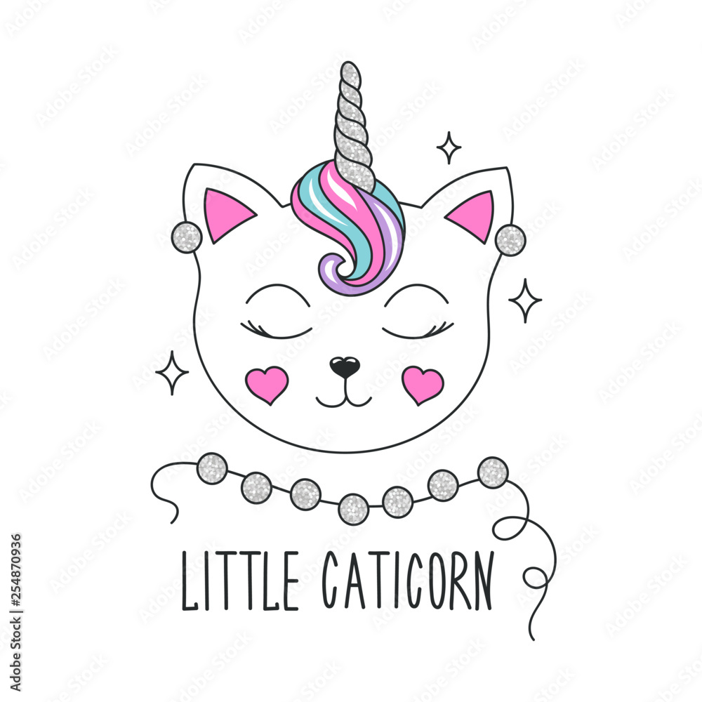Cute kitten illustration. Design for kids. Fashion illustration drawing in modern style for clothes. Girlish print. Glitter, unicorn, cat