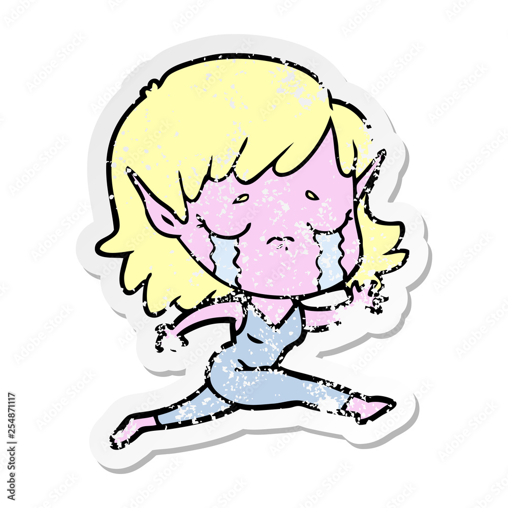 distressed sticker of a crying cartoon elf girl distressed sticker of a crying cartoon elf girl