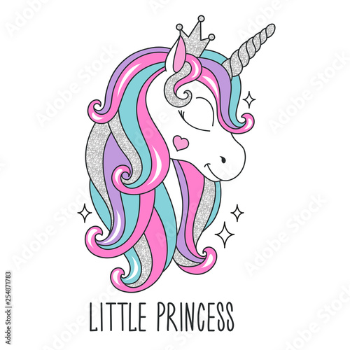 Glitter unicorn drawing for t-shirts. Little Princess text. Design for kids. Fashion illustration drawing in modern style for clothes. Girlish print. Glitter, unicorn, Princess.