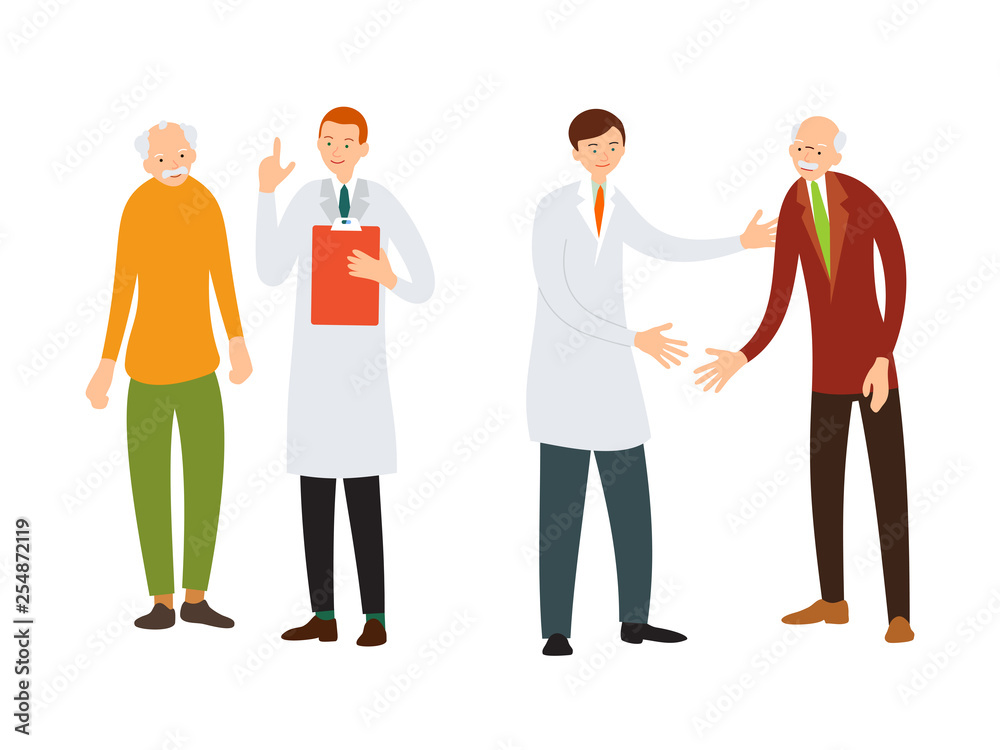 Doctor and patient. Medical specialist consulting with an elderly patient. Practitioner welcomes an old sick man. Cartoon illustration isolated in flat style on white background Doctor and patient. Medical specialist consulting with an elderly patient. Practitioner welcomes an old sick man. Cartoon illustration isolated in flat style on white background