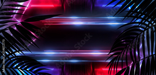 Background of the dark room, tunnel, corridor, neon light, lamps, tropical leaves. Abstract background with new light.