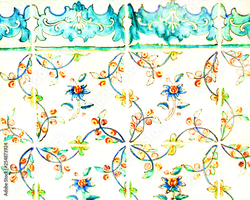 Detail of the traditional tiles from facade of old house. Decorative tiles.Valencian traditional tiles. Floral ornament.