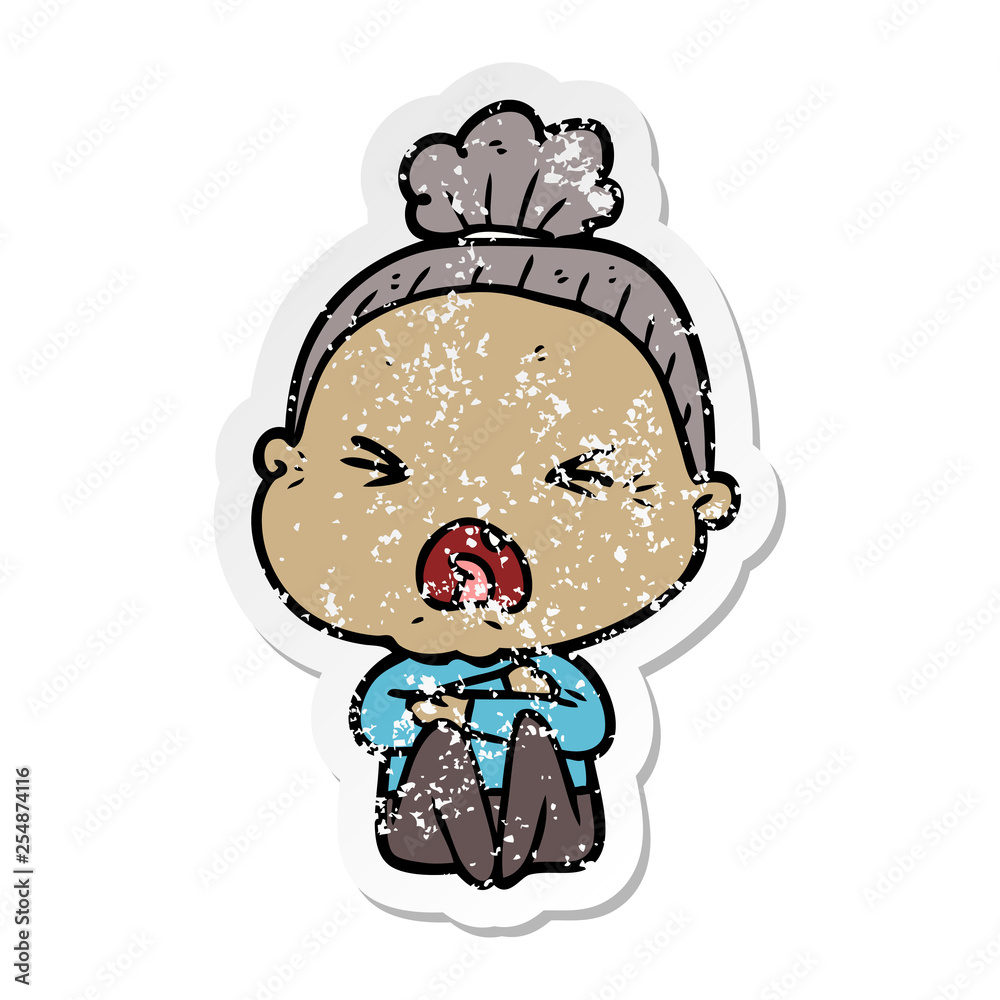 distressed sticker of a cartoon angry old woman distressed sticker of a cartoon angry old woman